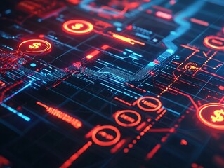 Futuristic High Tech Dashboard Displaying Real Time Digital Cash Flow Charts and Cryptocurrency Symbols
