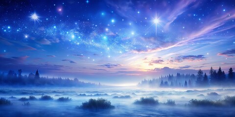 A misty forest shrouded in an ethereal glow, bathed in the soft light of a celestial tapestry of stars and a faint, golden sunrise