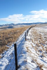 Snow-Covered Fence Line in Scenic Landscape