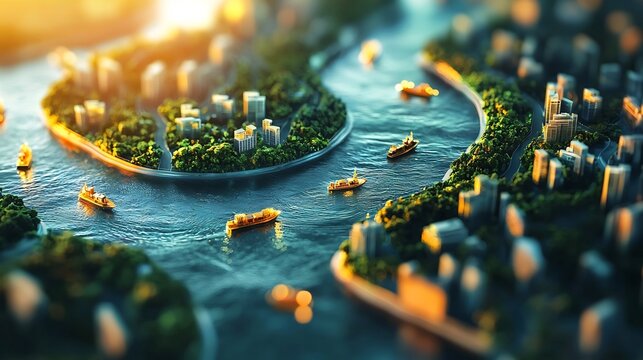 Financial River Flowing Through Digital Landscape with Navigating Business Boats