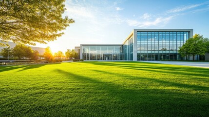 Obraz premium Large green lawn leading up to a contemporary office building with clean lines and extensive glass windows.