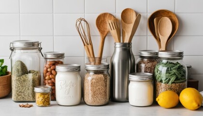 zero-waste home essentials on kitchen counter