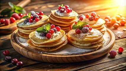 A stack of pancakes, topped with whipped cream, fresh berries, and a sprinkle of powdered sugar, arranged on a wooden platter with a rustic backdrop.