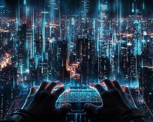 Hacker s Hands Typing Rapidly on Holographic Keyboard in Futuristic City Skyline