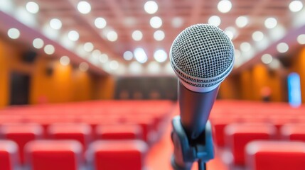 Close-Up View of a Microphone in a Conference Hall with Empty Seats and Blurred Background, Ready for Public Speaking and Presentations