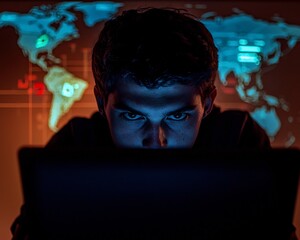 Hacker Monitoring Cyber Attacks on Digital Screens in Dark Room