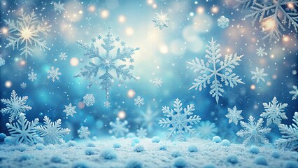 Delicate Snowflakes Falling on a Pristine Winter Landscape with a Blurry Blue and Golden Background