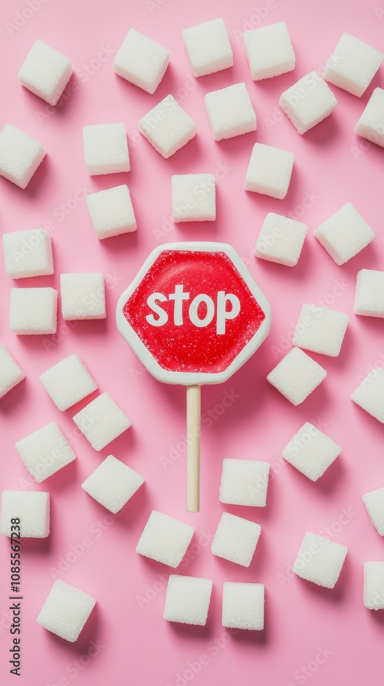 Poster many sugar cubes are surrounding a red stop sign with a wooden handle, suggesting limiting sugar int