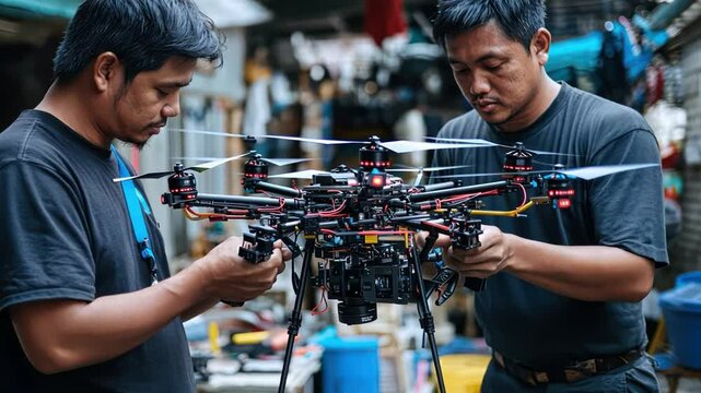Two Asian inventor men are working with a large drone. The drone is black and has a yellow and red design.