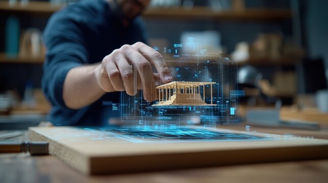 A holographic blueprint of a wooden structure floating in a workshop, engineers analyzing the design, blue neon holograms, high-tech, digital sketch.