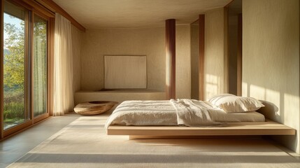 Modern Minimalist Bedroom Interior with Natural Light, Simple Bedding, Wooden Details, and Serenity in a Peaceful Environment