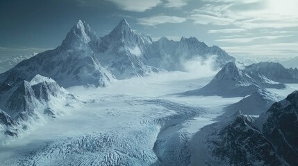 Obraz premium Serene Snowy Mountain Range with Glacier in Foreground