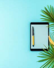 Tablet with Digital Drawing Pen on Minimalist Blue Green Background