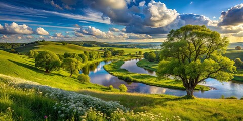 Fototapeta premium Serene River Winding Through Lush Green Meadows with a Single Tree Standing Tall Under a Bright Blue Sky with Fluffy White Clouds