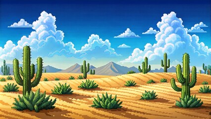 Obraz premium Pixelated Desert Landscape with Tall Cacti and Fluffy Clouds