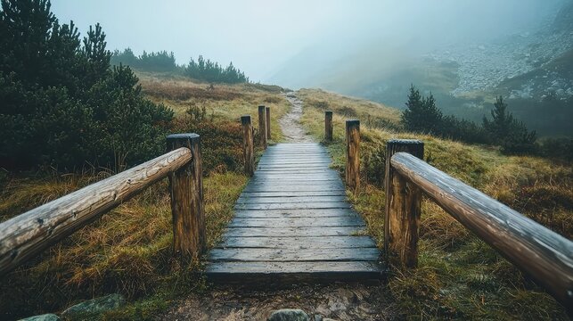 Tranquil Wooden Bridge on Mountain Hiking Trail