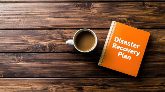 disaster recovery plan book on wooden table with coffee cup. This conveys preparedness and strategy for managing crises effectively