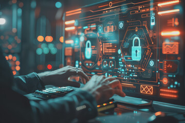 Cyber ​​security on the computer screen shows a secure digital interface with various symbols.