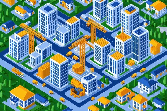 A solar-powered construction site with autonomous machines working seamlessly to assemble modular homes. Sustainable, isometric, clean and bright.