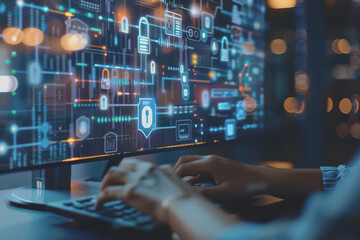 Cyber ​​security on the computer screen shows a secure digital interface with various symbols.