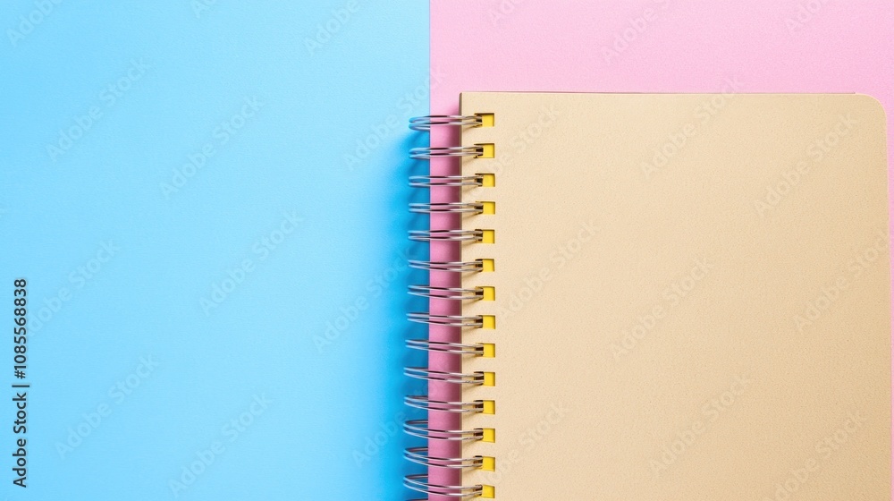 Poster a spiral-bound notebook on a colorful background.