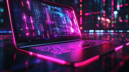 Futuristic laptop with vibrant neon display.