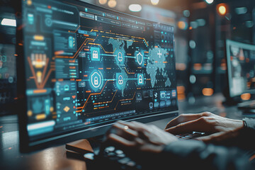 Cyber ​​security on the computer screen shows a secure digital interface with various symbols.