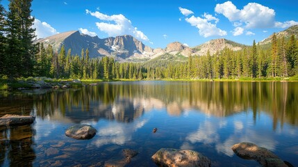 Obraz premium Serene Mountain Lake with Clear Reflecting Water