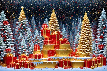 Illuminated decorated Christmas trees with red and gold garlands in snowy forest near Christmas presents in red boxes against background of fireworks and confetti