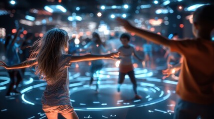 Fototapeta premium A birthday party in a futuristic virtual reality setting, with avatars dancing under bright neon lights and holographic banners. Sci-fi, vibrant, energetic.