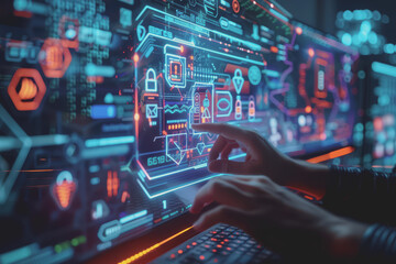 Cyber ​​security on the computer screen shows a secure digital interface with various symbols.