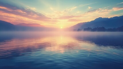 Fototapeta premium Serene Lakeside View with Mist Rising from Water