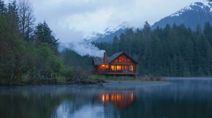 Obraz premium Serene Lakeside Cabin with Smoke Rising