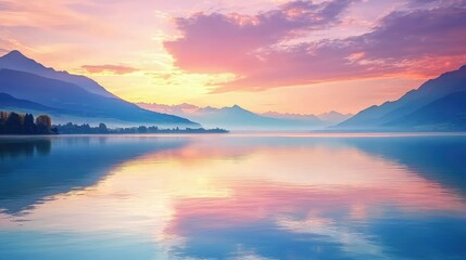 Fototapeta premium Serene Lakeside at Sunset with Pastel Colors