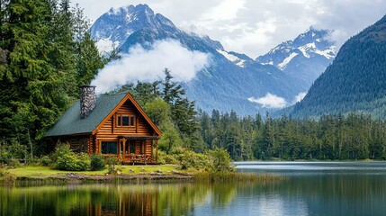 Obraz premium Serene Lakeside Cabin with Smoke Rising