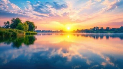Serene Lakeside Sunset with Pastel Colors