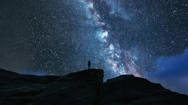 A person stands on a rocky ledge looking up at the stars