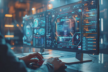 Cyber ​​security on the computer screen shows a secure digital interface with various symbols.