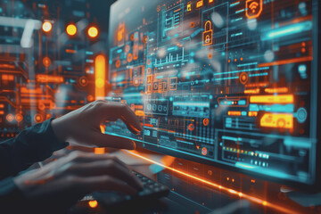 Cyber ​​security on the computer screen shows a secure digital interface with various symbols.