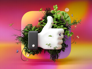 3d Like icon button covered with green plants over colored background