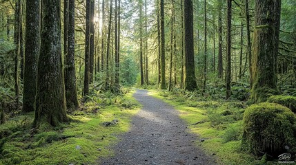 Obraz premium Serene Forest Path with Sunlight Filtering Through Trees