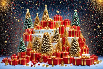 Illuminated decorated Christmas trees with red and gold garlands in snowy forest near Christmas presents in red boxes against background of fireworks and confetti