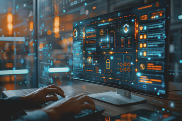 Cyber ​​security on the computer screen shows a secure digital interface with various symbols.