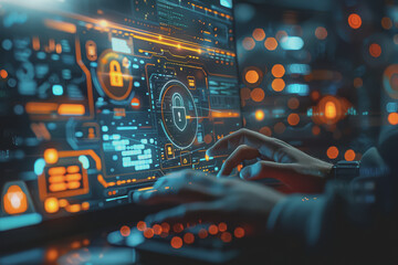 Cyber ​​security on the computer screen shows a secure digital interface with various symbols.