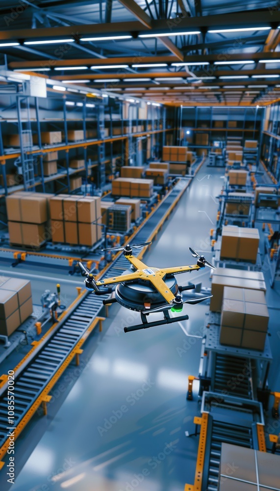 Poster advanced automation in high-tech warehouse with drones and conveyor belts for efficient inventory ma
