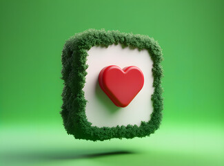 3d Like icon button covered with green plants over colored background