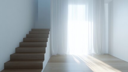 Fototapeta premium Bright and Airy Interior Scene Featuring Wooden Stairs Leading to a Sunlit Room with Sheer Curtains and Minimalist Design Aesthetic