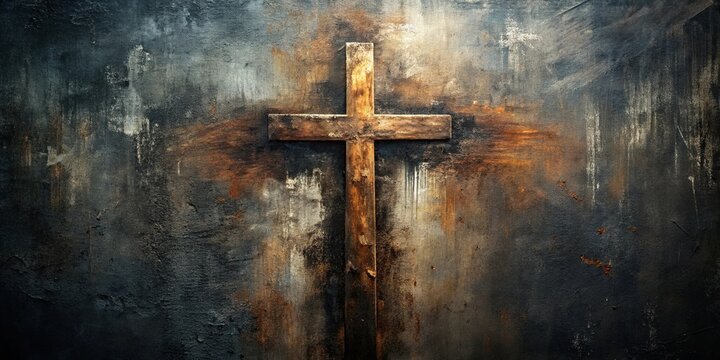 Rustic wooden cross against a backdrop of weathered, distressed painted metal with an overlay of faded, white brushstrokes.