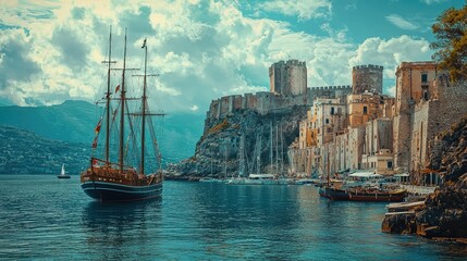 Seaside Kingdom with Ships Docked in Harbor