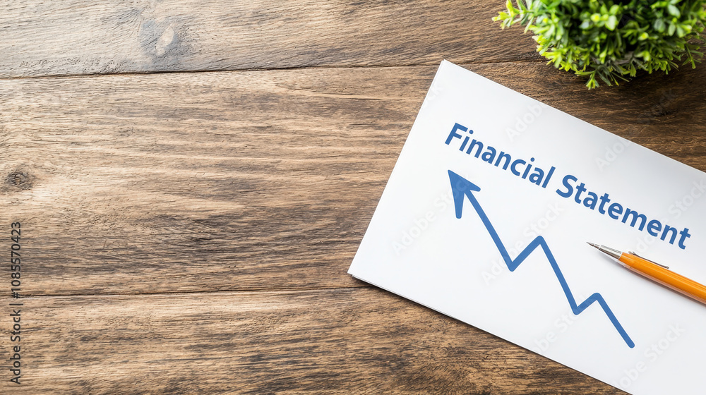 Poster close up of financial statement document with rising graph and pen. wooden table adds warm touch to 